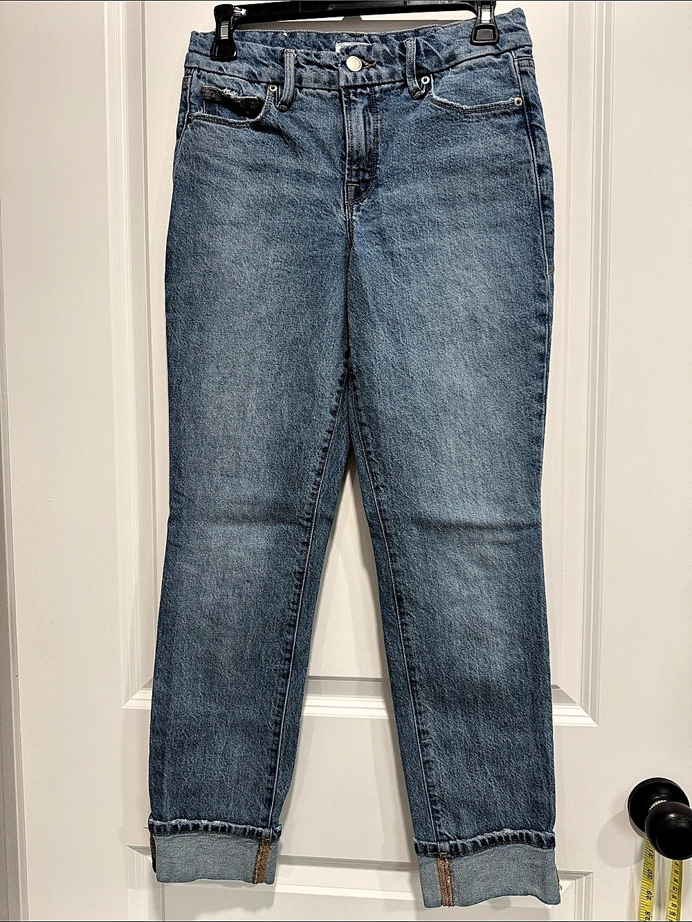 Good American Good Legs Classic Cuffed Good Legs Mid Rise Slim Jeans Blue Waist